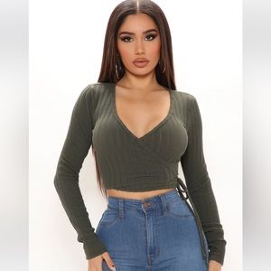 Knit Long Sleeve Wrap Crop Top
